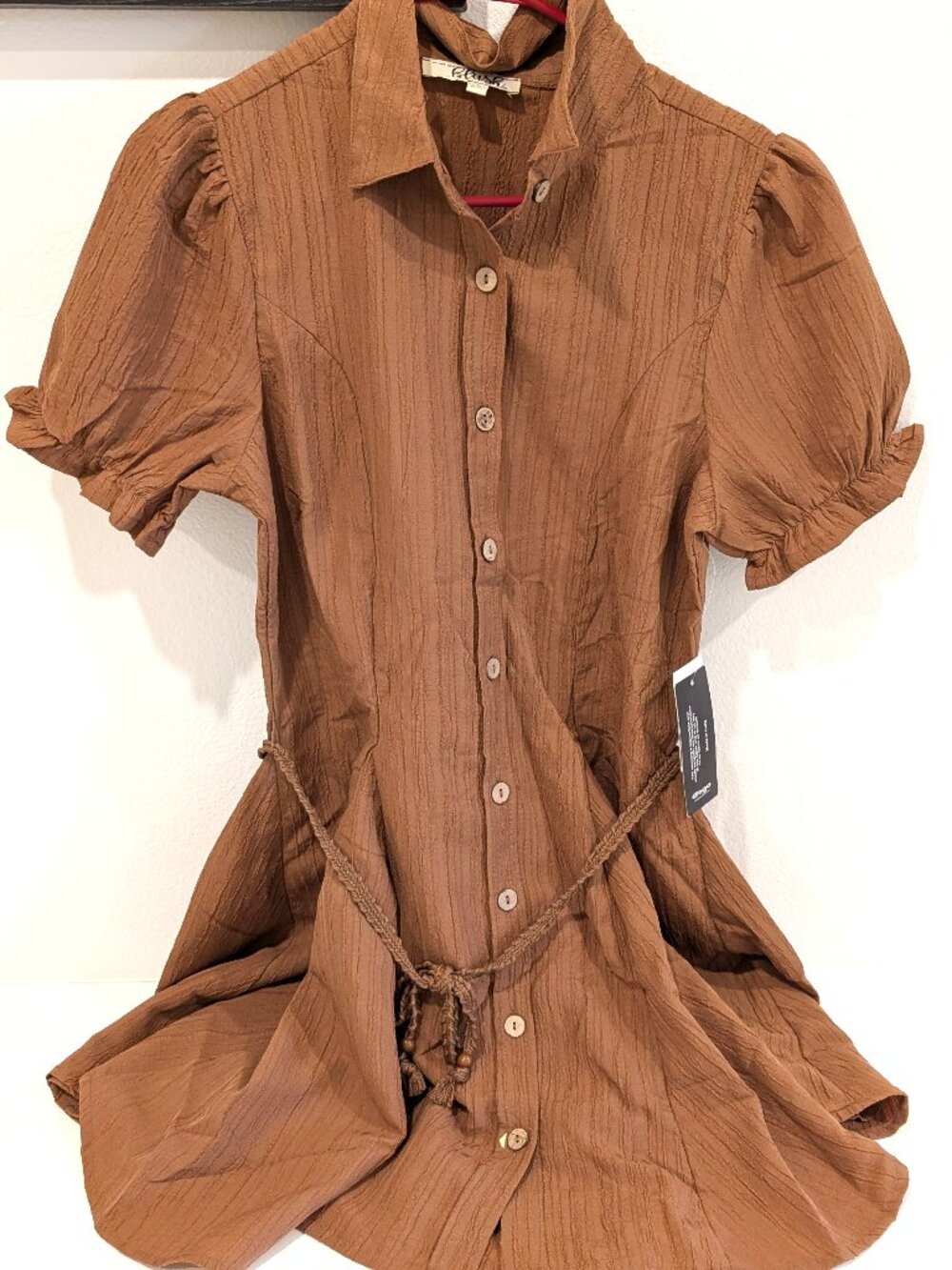 Hint of Blush Womens Textured Shirt Dress Brown Puff Sleeve Braided Belt Button